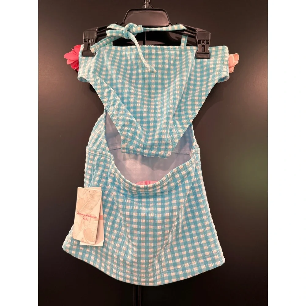 Tommy Bahama Kids Girls 2T Gingham Floral Tankini Swimsuit Blue White UPF 50+